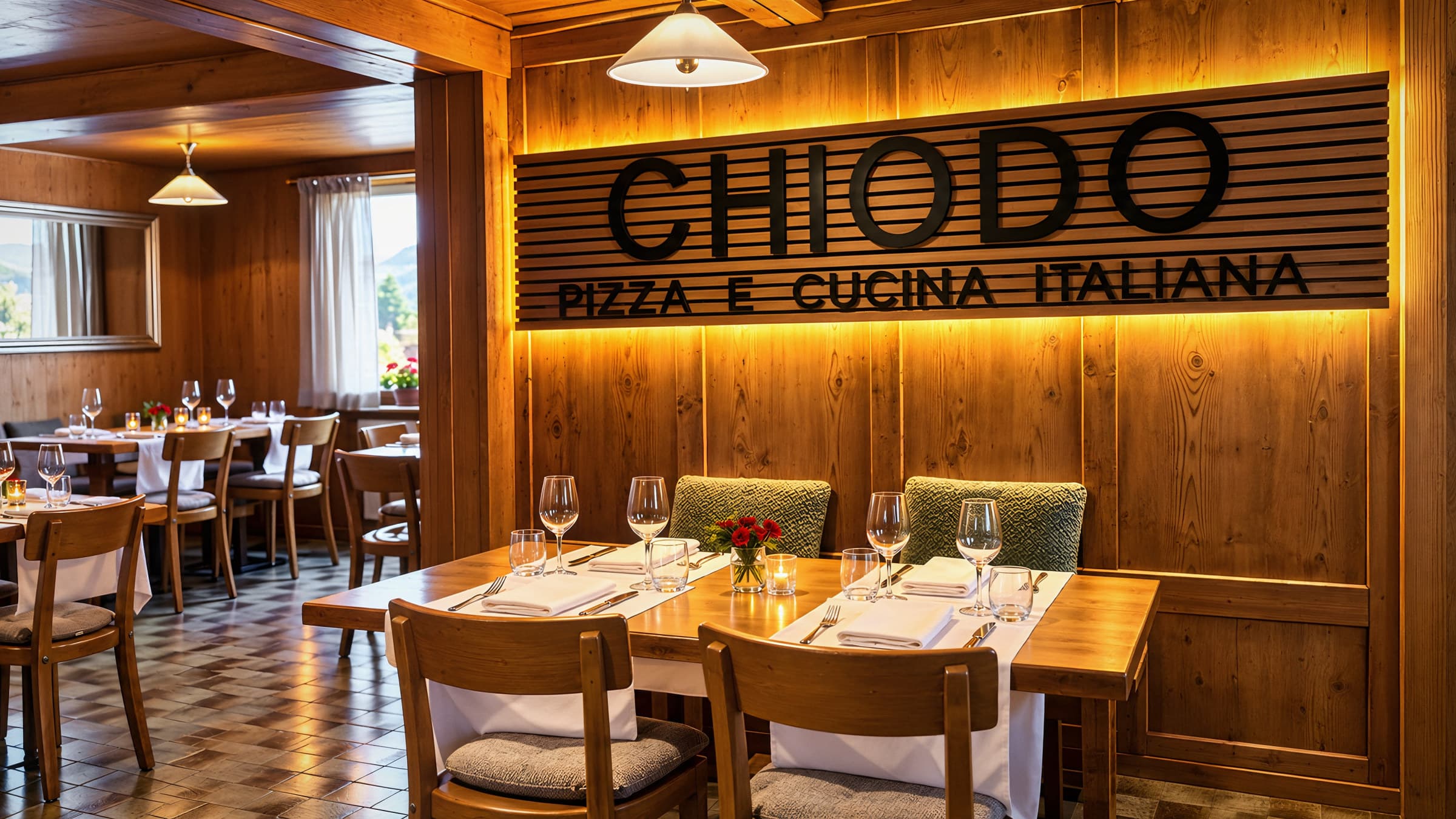 Gedeckter Tisch mit Kerzen und Blumen unter dem warm beleuchteten CHIODO-Schild in der Gaststube