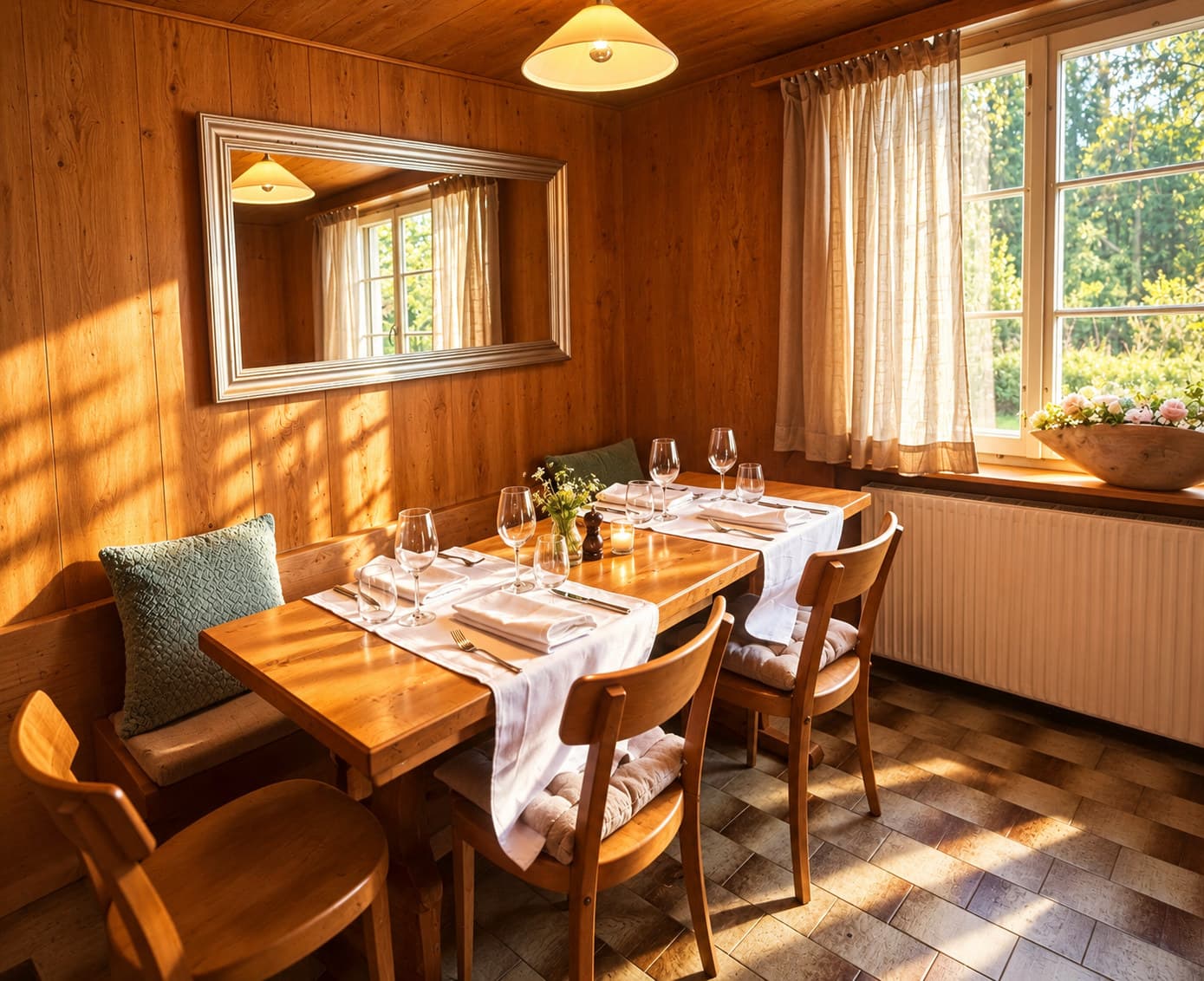 Holzgetäferte Gaststube mit Fenstern, Vorhängen und gedeckten Tischen