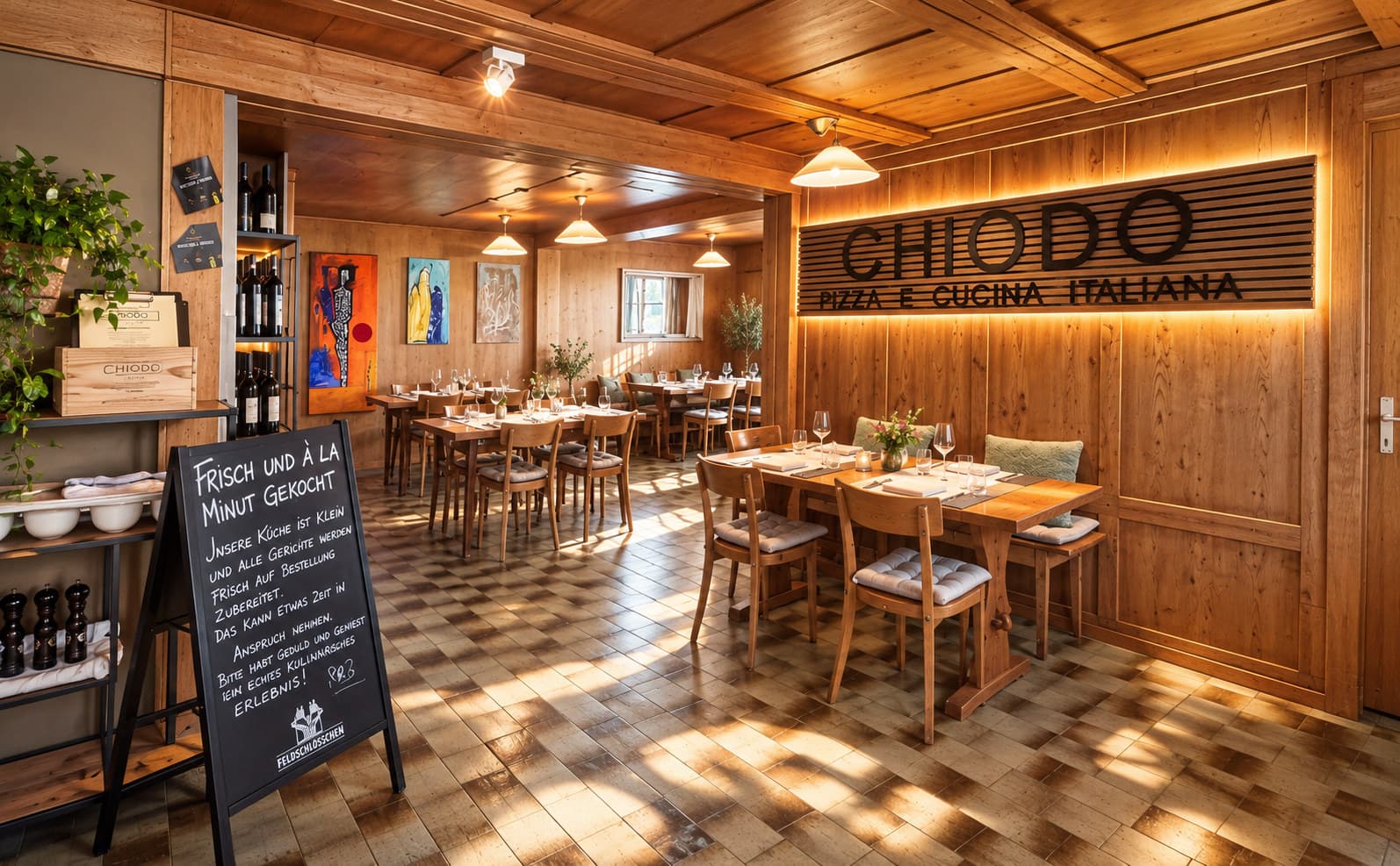 Gaststube des Ristorante Chiodo mit dem hinterleuchteten CHIODO-Schild aus Holzlamellen und gedeckten Tischen