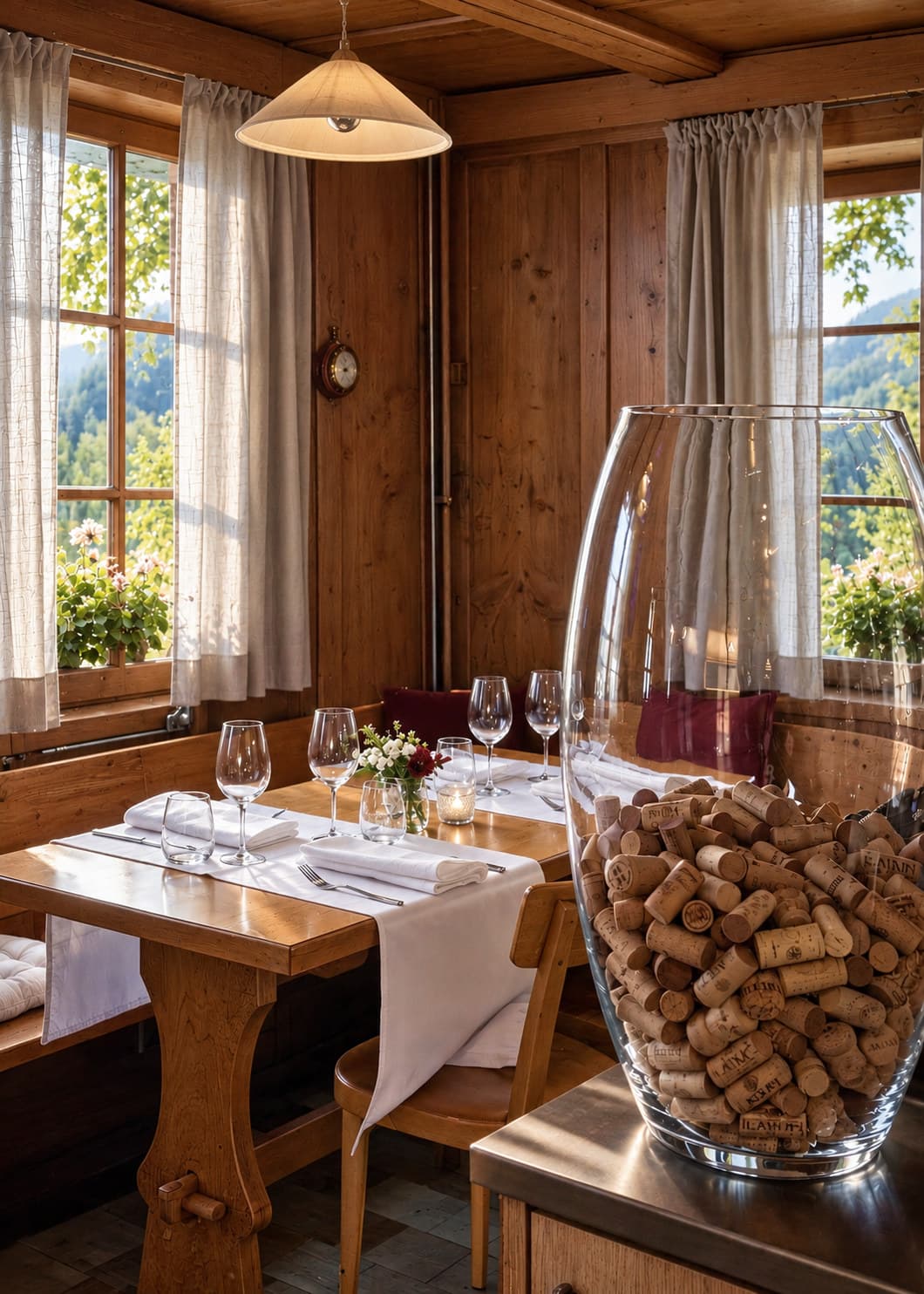 Gedeckter Tisch am Fenster mit Weingläsern und einer grossen Glasvase voller Weinkorken
