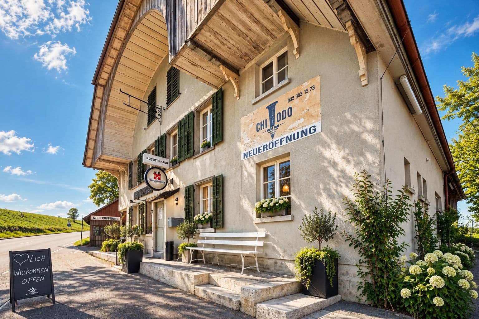 Das Haus an der Bernstrasse 62 in Schnottwil mit Holzgiebel, grünen Fensterläden und dem CHIODO-Banner